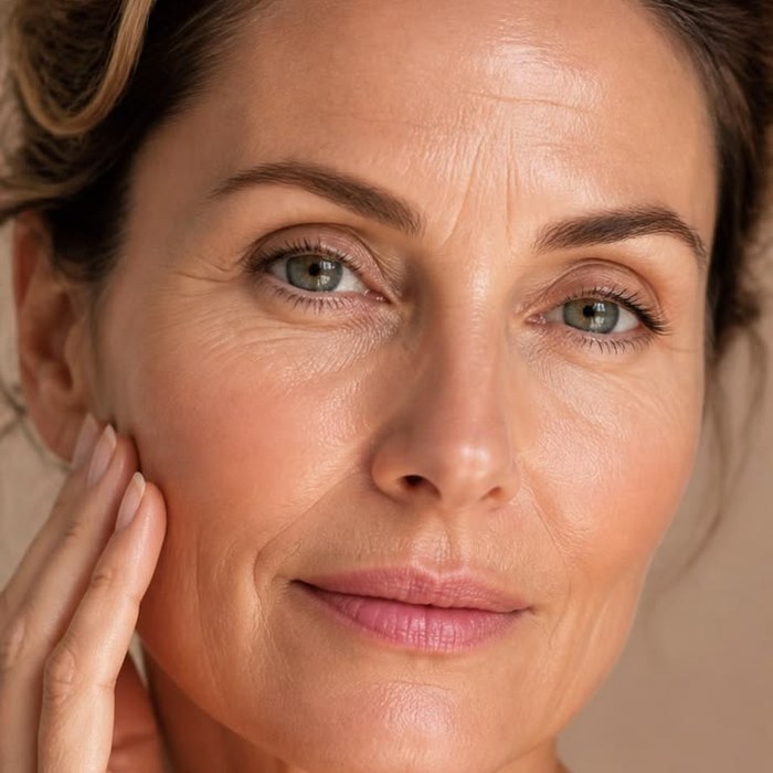 A mature woman's face with fine lines — anti-ageing.